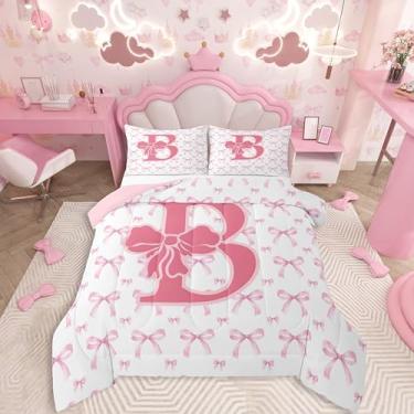 Imagem de Feelyou Conjunto de edredom com laço rosa, solteiro, letra B, para crianças, meninos, meninas, edredom com monograma, decoração de quarto de microfibra, 2 peças com 1 fronha