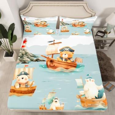Imagem de Jogo de lençol solteiro com desenho animado de urso pirata, barco à vela de madeira, animal fofo, tema náutico, para crianças, meninos, meninas, adolescentes, lençol com elástico e 1 fronha (sem