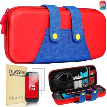 Imagem de Case Compatível Com Nintendo Switch 2 com Design Mario, Estojo Bolsa Vermelha e Azul + Kit com 2 Películas de Vidro Premium