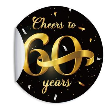 Imagem de ZEIKAEYR 80 peças de adesivos de aniversário de 60 anos de ouro preto - Cheers to 60 Years - Adesivos adesivos redondos de 3,8 cm - Artigos de festa de aniversário de 60 anos - Ótimo para
