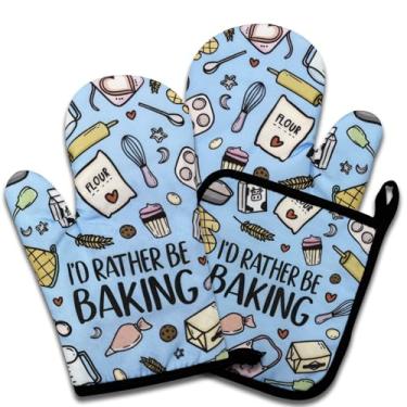Imagem de NAHMAKNE Conjunto de 3 luvas de forno engraçadas e suportes de panela, I'd Rather Be Baking, luvas de cozinha antiderrapantes resistentes ao calor, presentes para amantes de assar, presentes de