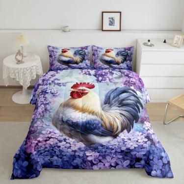 Imagem de Jogo de cama queen com galo roxo, desenho animado de flores de galinha, para decoração de quarto de crianças, meninos, meninas, adolescentes, adultos, animais selvagens, casa de fazenda, conjunto de