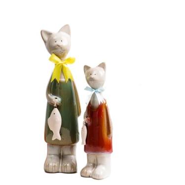 Imagem de zaoalife Ceramic Cat Figurines 2pcs Set, Hand-Painted Animal Art Statues for Garden/Tea Tabletop Decor, Miniature Cat Decorations for Home