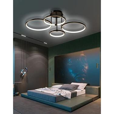 Imagem de Luminária de teto LED moderna e regulável para sala de estar, com anel preto e controle remoto, temperatura de cor de 3000K a 6500K. Ideal para mesa de jantar, hall de entrada, escritório e