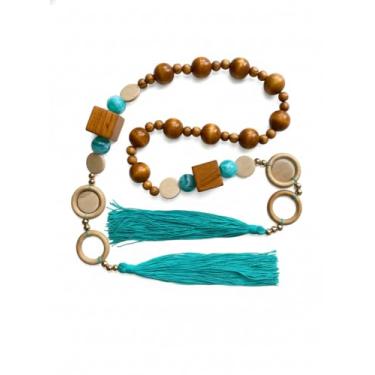 Imagem de colar decorativo de mesa artesanal madeira boho chic tassel verde estilo farmhouse decoração natal presente