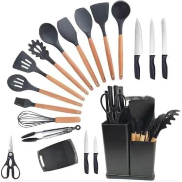 Imagem de Conjunto de Utensílio de Cozinha 19 Peças Silicone Antiaderente Cabo Madeira Kit Jogo Completo Espátula Concha Colher Faca Tesoura Pegador Tábua (PRETO)