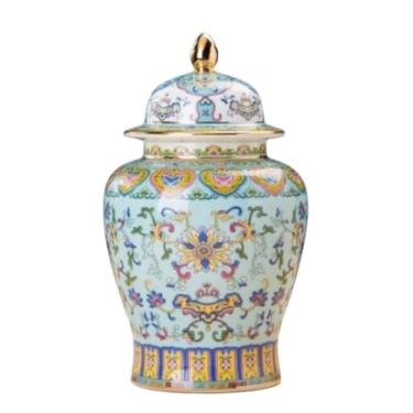 Imagem de ADAOQIN Jarra de gengibre, pote de gengibre, cerâmica chinesa, vasos florais com tampa, vaso de porcelana esmaltado dourado, potes de templo, jarras de armazenamento de chá, vasos decorativos para
