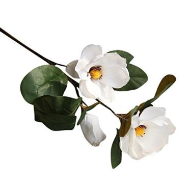 Imagem de Yalych Flores artificiais falsas folha magnólia floral buquê de casamento festa decoração de casa flores artificiais pêssego flores artificiais (cor: branco, tamanho: tamanho único)