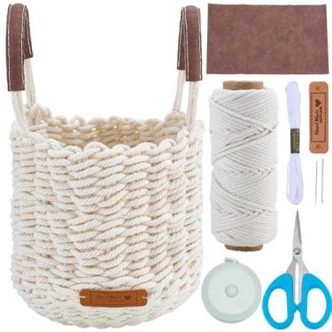 Imagem de FREEBLOSS Kit de cesta de macramê DIY para iniciantes com instruções (sem garantia de versão em português), cesta de fio de algodão branco, suprimentos de artesanato para atividades de férias