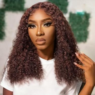 Imagem de Peruca Hihmarm de cabelo humano castanho chocolate com ondas profundas, 13x6 HD, renda frontal, pré-depilada, sem cola, densidade 180%, curta, cacheada, marrom escuro, 16 polegadas