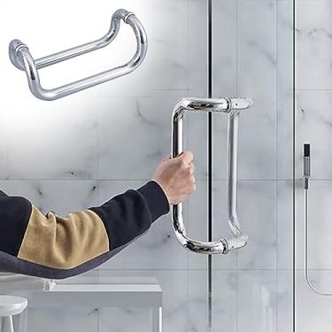 Imagem de Maçaneta de porta de vidro de banheiro, puxadores de porta de chuveiro deslizantes de aço inoxidável para interior, ferragens de porta dupla face com canto redondo, prata (tamanho: espaçamento do