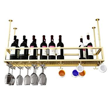 Imagem de Prateleiras de vinho douradas penduradas para garrafa de vinho e suporte de taça de vidro, prateleiras de metal montadas na parede, prateleira de armazenamento de taças, bar, sala de jantar, sala de