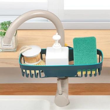 Imagem de Rack de armazenamento de torneira – Organizador de pia ajustável com bandeja de drenagem vazada, suporte de esponja e pano, prateleira de cozinha que economiza espaço (azul)