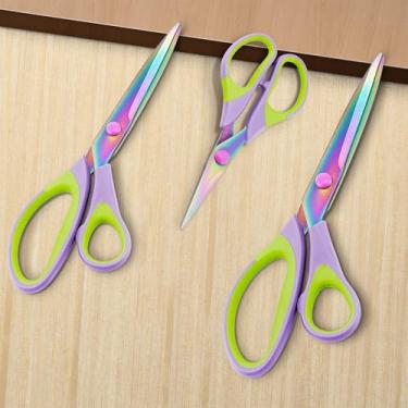 Imagem de 3 tesouras de alfaiate afiadas, lâminas de titânio, cabo macio de borracha, tesoura de tecido multiuso para adultos, escritório, costura, escola (verde e roxo)