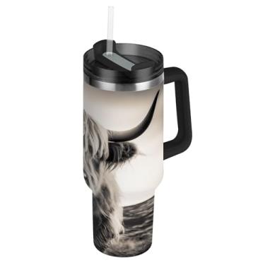 Imagem de Blueangle Copo de vaca com chifres longos de 850 g com alça e tampa de palha, caneca de viagem de aço inoxidável isolada a vácuo de parede dupla, garrafa de água reutilizável para academia de