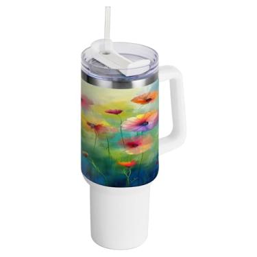 Imagem de xigua Copo vintage de flores silvestres de 1,134 g com alça e canudo, aço inoxidável duplo isolado a vácuo garrafa de água suporte de copo de garrafa de água amigável à prova de vazamento copo de