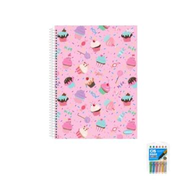 Imagem de Kit Caderno Feminino 10 Matérias Capa Dura 200 Folhas KBOM + Marcador Brush Metallic 6 Cores Cis