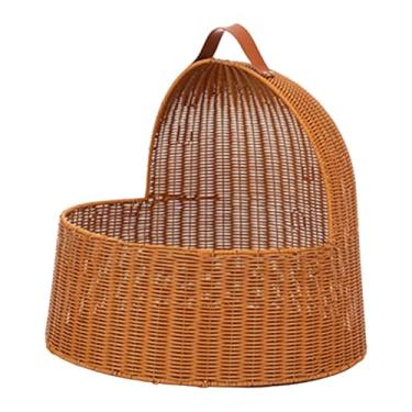 Imagem de Fenteer Cama de gato de imitação de vime, casa para gatos, confortável, semi-fechada, com alça, cama para gatinhos, cães pequenos, filhotes, Marrom