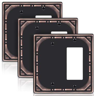 Imagem de Combinação de metal para interruptores de luz, placa de parede, 1 placa decorativa, em branco, 1 placa decorativa, bronze polido a óleo, placa de parede de 2 gangs, estilo retrô clássico, pacote com 3