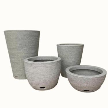 Imagem de Kit 4 Vasos Polietileno Texturizados Planta, Flor, Jardim, Coluna Redonda N1 N2+ Bojo+Bacia com Pratos (Cimento)
