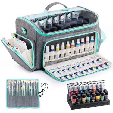 Imagem de SFYBYHEART Bolsa organizadora de tinta acrílica com suporte de pincel dobrável, grande estojo de arte, organizador de artesanato com inserções de espuma para barril de maçã, arte de transporte, bolsa