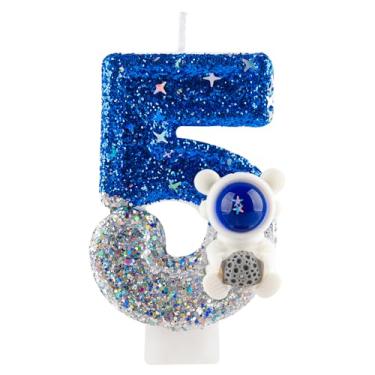 Imagem de Vela de aniversário de 5 anos com glitter astronauta espacial número 5 velas de topo de bolo de prata azul decorações de feliz aniversário para meninas, meninos, artigos de festa de aniversário