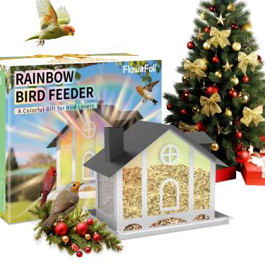 Imagem de FlowaFoli Alimentador de pássaros para uso externo, comedouros decorativos de pássaros grandes para atividades ao ar livre com painéis de acrílico arco-íris, presente ideal para amantes de pássaros