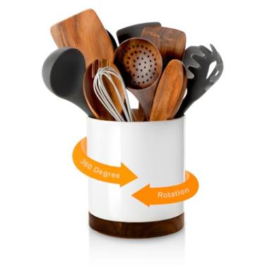 Imagem de Nucookery 360°Rotating Utensil Holder, 7.2" Large Utensil Crock, White Ceramic Cooking Utensil Organizer with Countertop-Protection Cork Bottom for Farmhouse Kitchen Decor Christmas Thanksgiving Gift