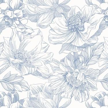 Imagem de Ismoon Papel de parede floral vintage descasque e cole papel de contato bege e azul 17,3 pol. x 6,15 m papel de parede autoadesivo removível para banheiro quarto armário mural decoração de parede