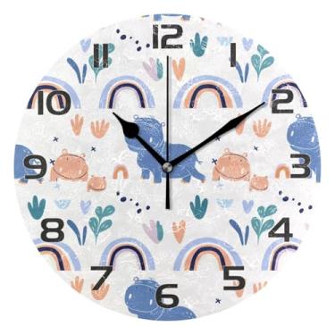 Imagem de YETTASBIN Relógio de parede hipopótamo, silencioso, sem tique-taque, operado por bateria, relógio redondo decorativo criativo para cozinha, sala de estar, banheiro, decoração de escritório em casa