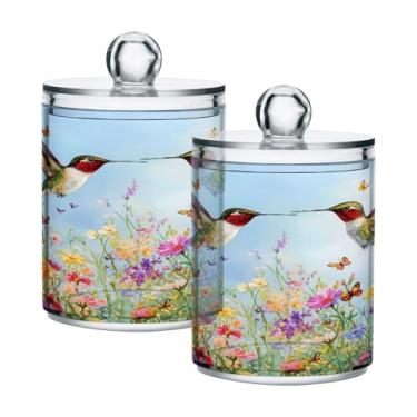 Imagem de STAYTOP 2 frascos de boticário de flores silvestres e beija-flores silvestres com beija-flores silvestres e beija-flores para banheiro - Recipiente de armazenamento Qtip de plástico transparente para