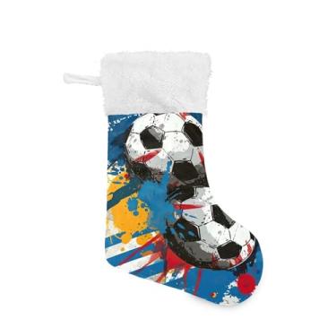 Imagem de xigua Meia de Natal de futebol colorida personalizada grande meia de doces presente de pendurar meias de Natal decoração para decoração de festa de férias em família decoração lareira