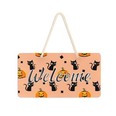 Imagem de Burbuja Placa de boas-vindas Cats Pumpkins para porta da frente, placa de boas-vindas de PVC para decoração de férias, 15 x 28 cm