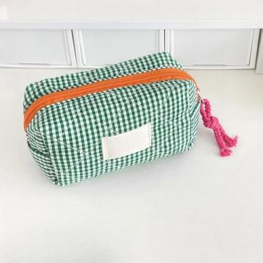 Imagem de Bolsa de Maquiagem Xadrez Acolchoada Vintage Clutch Estojo Portátil de Viagem de Higiene Pessoal Bolsa de Armazenamento para Mulheres, Verde