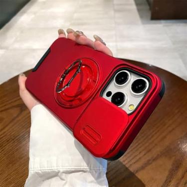 Imagem de Protetor de câmera deslizante com suporte rotativo, capa magnética para iPhone 16 15 14 13 12 11 ProMax, capa protetora de camada dupla, vermelha, para iPhone 14