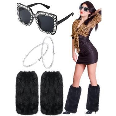 Imagem de Geyoga 3 peças fantasia de Halloween realidade televisão personalidade brincos de argola de cristal strass grande quadrado glitter óculos de sol pele polaina botas curtas punhos capas acessórios