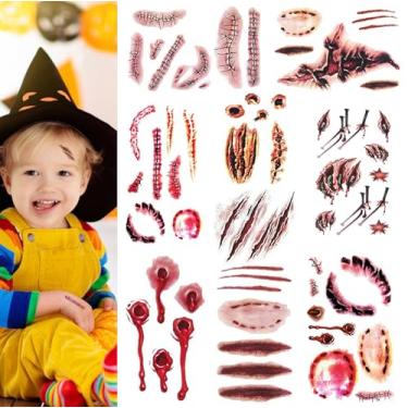 Imagem de 9 folhas rosto corpo terror realista falso ponto de ferida sangrenta cicatriz cicatriz impermeável tatuagens temporárias adesivo dia da mentira dia das bruxas zumbi adereços de maquiagem para crianças