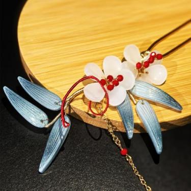 Imagem de Cayyoomm Flor de camélia vermelha com borla Hanfu grampo de cabelo chinês antigo acessório para cabeça grampo de cabelo clássico elemento Han (sumaúma branca)