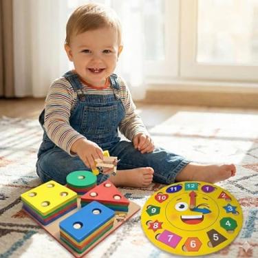 Imagem de Brinquedo Pedagógico Educativo Madeira MDF Prancha Seleção Infantil Encaixe Formas Geométricas (Prancha + Relógio)
