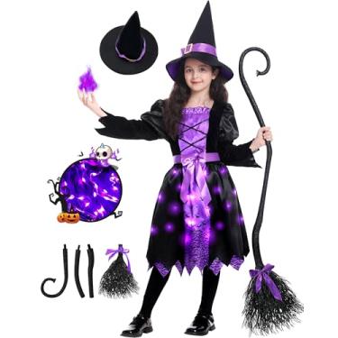 Imagem de Fantasia de bruxa para meninas de Halloween, conjunto de vestido de bruxa infantil com chapéu e vassoura, fantasias infantis de bruxa para festas temáticas de Halloween (médio)