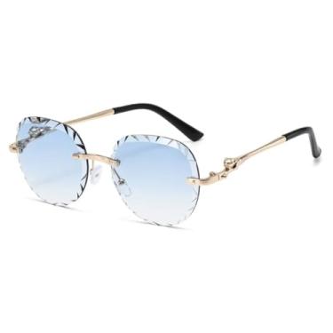 Imagem de Óculos de Sol Femininos Redondos Degradê Sem Armação com Padrão de Ondas e Proteção UV400 (Azul)