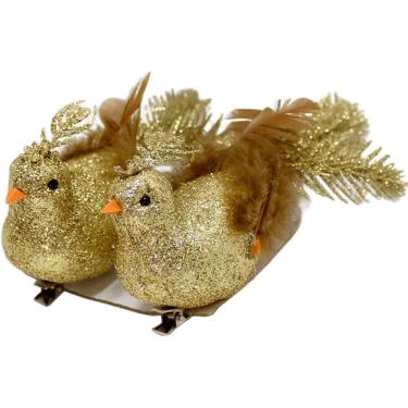 Imagem de Kit 2 Presilha Pássaro Decoração Natalina Dourado Com Gliter