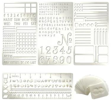 Imagem de 4 estêncil de planejador de metal, estêncil de diário, estêncil de gravação à prova de ferrugem com 36 peças de estênceis de letras e números para diário, marcadores, réguas, agendas, álbuns de
