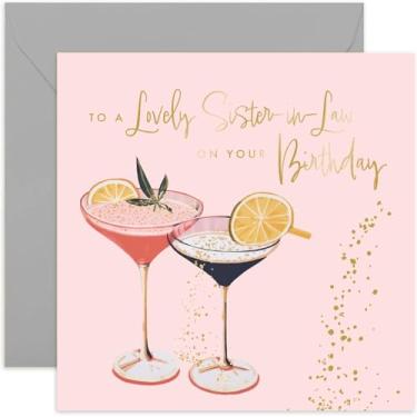 Imagem de Old English Co. Cartão de aniversário adorável de cunhada - Cartão de aniversário feminino especial - Fabuloso design de folha dourada de coquetel rosa roxo para mulheres - 21, 30, 40º - Cartão fofo