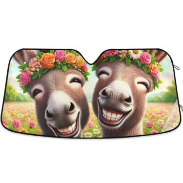 Imagem de Protetor solar personalizado de animal sorridente fofo burros para para-brisa de carro protetor solar retrátil dobrável para para-brisa dianteiro de carro impressões de animais L, 144,8 cm x 80 cm