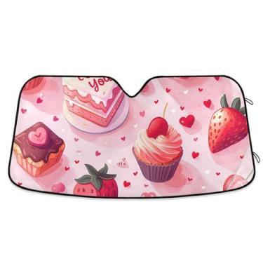 Imagem de Pára-sol rosa de bolo fofo para para-brisa de carro bonito personalizado retrátil caminhão carro persianas para protetor de janelas dianteiras S, 134,6 cm x 59,7 cm