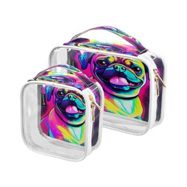 Imagem de GAIGEO Papagaios em folhas de palmeira e flores bolsa de cosméticos impermeável, sacos de higiene pessoal transparentes para viagens para mulheres, pacote com 2, Cão Pug gráfico em desenho animado - 4