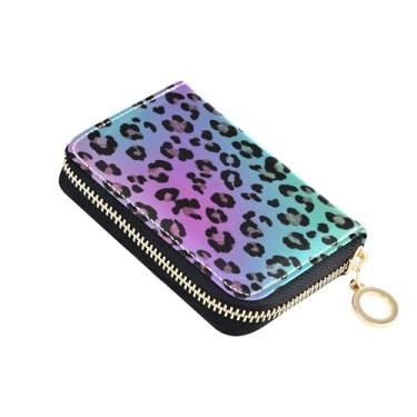 Imagem de Carteira pequena feminina com porta-cartões com bloqueio de RFID, zíper ao redor, carteira masculina com bolso para moedas, preto, manchas de leopardo, azul arco-íris