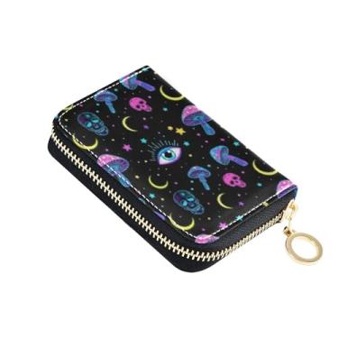 Imagem de Carteira feminina engraçada de cogumelos neon com zíper, protetor de cartão de crédito, bloqueio de RFID, carteira masculina com bolso para moedas