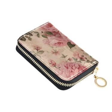 Imagem de Carteira feminina vintage floral floral com zíper em torno de porta-cartões, carteira masculina estética com bloqueio de RFID com bolso para moedas